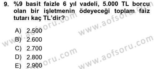 Finansal Yönetim Dersi 2016 - 2017 Yılı (Vize) Ara Sınav Soruları 9. Soru