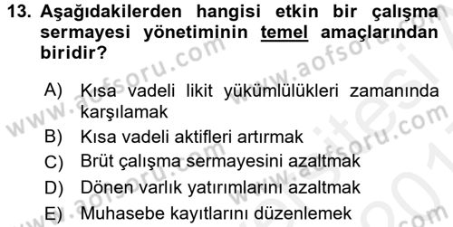 Finansal Yönetim Dersi 2016 - 2017 Yılı (Final) Dönem Sonu Sınav Soruları 13. Soru