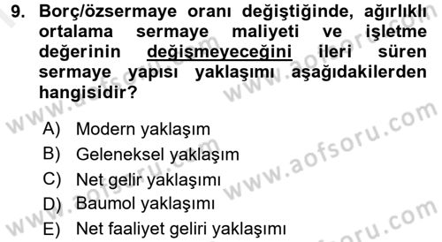 Finansal Yönetim Dersi 2016 - 2017 Yılı (Final) Dönem Sonu Sınav Soruları 9. Soru