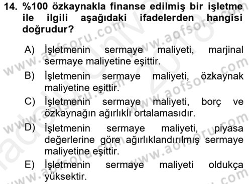 Finansal Yönetim Dersi 2017 - 2018 Yılı 3 Ders Sınav Soruları 14. Soru