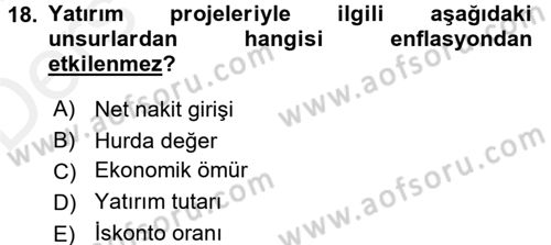 Finansal Yönetim Dersi 2017 - 2018 Yılı 3 Ders Sınav Soruları 18. Soru