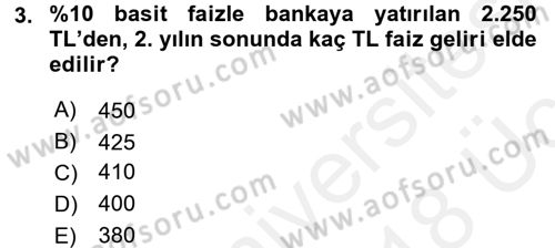 Finansal Yönetim Dersi 2017 - 2018 Yılı 3 Ders Sınav Soruları 3. Soru