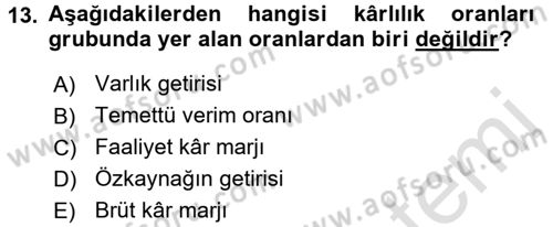 Finansal Yönetim Dersi Ara Sınavı Deneme Sınav Soruları 13. Soru