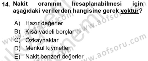 Finansal Yönetim Dersi Ara Sınavı Deneme Sınav Soruları 14. Soru