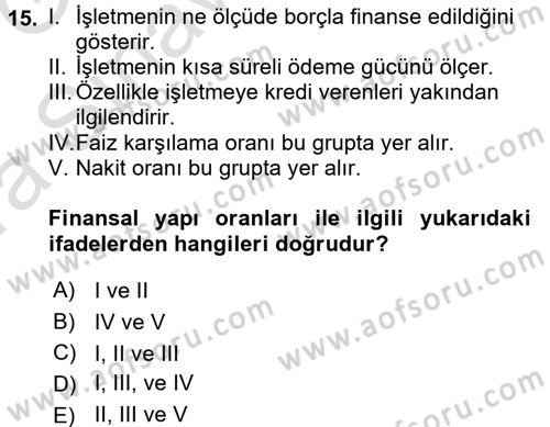 Finansal Yönetim Dersi Ara Sınavı Deneme Sınav Soruları 15. Soru
