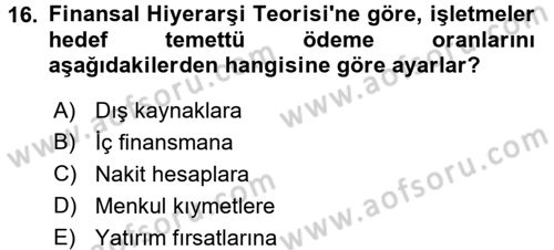 Finansal Yönetim Dersi Ara Sınavı Deneme Sınav Soruları 16. Soru
