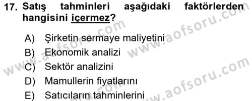 Finansal Yönetim Dersi Ara Sınavı Deneme Sınav Soruları 17. Soru