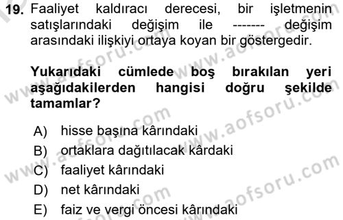 Finansal Yönetim Dersi Ara Sınavı Deneme Sınav Soruları 19. Soru