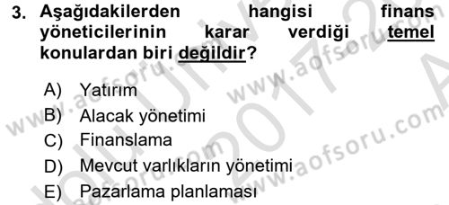Finansal Yönetim Dersi Ara Sınavı Deneme Sınav Soruları 3. Soru