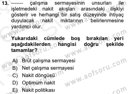 Finansal Yönetim Dersi 2017 - 2018 Yılı (Final) Dönem Sonu Sınav Soruları 13. Soru