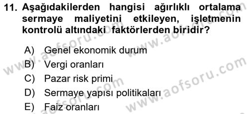 Finansal Yönetim Dersi 2018 - 2019 Yılı (Final) Dönem Sonu Sınav Soruları 11. Soru