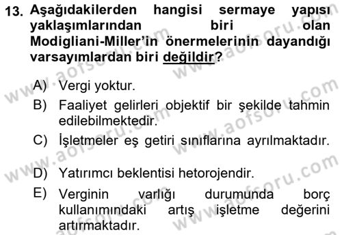 Finansal Yönetim Dersi 2020 - 2021 Yılı Yaz Okulu Sınav Soruları 13. Soru