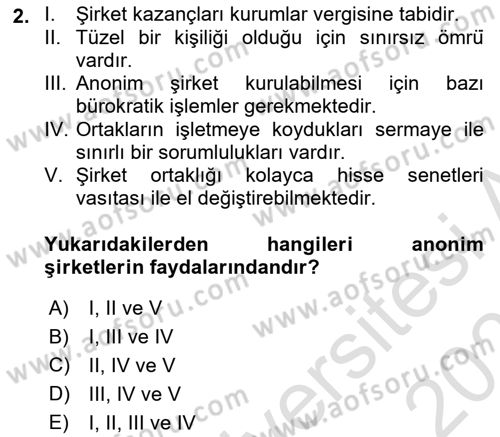 Finansal Yönetim Dersi 2020 - 2021 Yılı Yaz Okulu Sınav Soruları 2. Soru