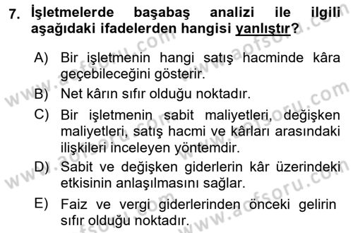 Finansal Yönetim Dersi 2020 - 2021 Yılı Yaz Okulu Sınav Soruları 7. Soru