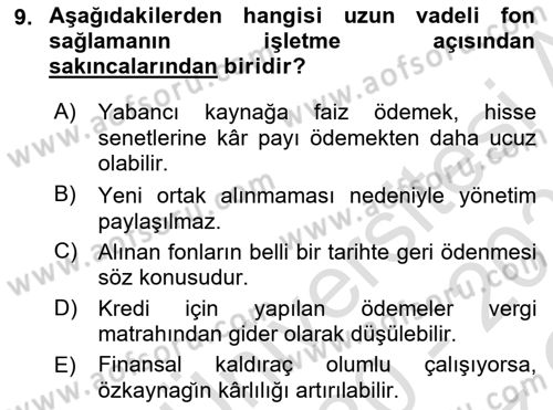 Finansal Yönetim Dersi 2020 - 2021 Yılı Yaz Okulu Sınav Soruları 9. Soru