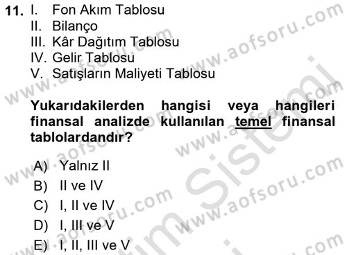 Finansal Yönetim Dersi 2021 - 2022 Yılı (Vize) Ara Sınav Soruları 11. Soru