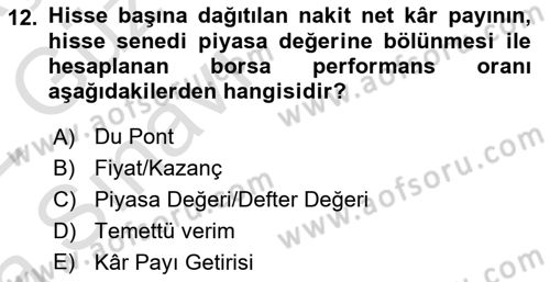 Finansal Yönetim Dersi Ara Sınavı Deneme Sınav Soruları 12. Soru