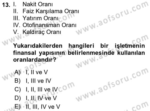 Finansal Yönetim Dersi 2021 - 2022 Yılı (Vize) Ara Sınav Soruları 13. Soru