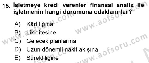 Finansal Yönetim Dersi 2021 - 2022 Yılı (Vize) Ara Sınav Soruları 15. Soru