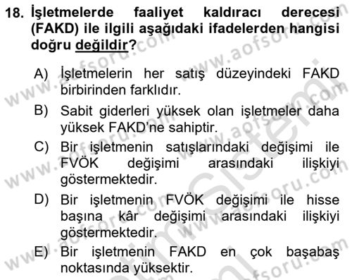 Finansal Yönetim Dersi Ara Sınavı Deneme Sınav Soruları 18. Soru