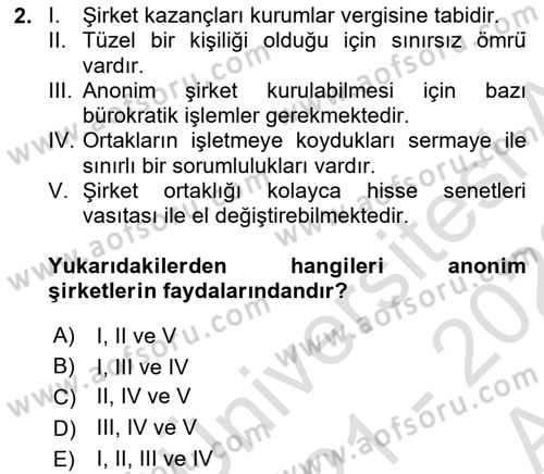 Finansal Yönetim Dersi 2021 - 2022 Yılı (Vize) Ara Sınav Soruları 2. Soru