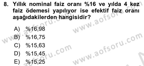 Finansal Yönetim Dersi 2021 - 2022 Yılı (Vize) Ara Sınav Soruları 8. Soru