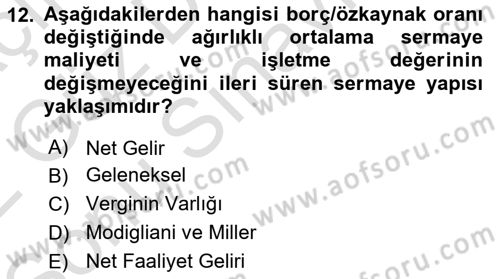 Finansal Yönetim Dersi 2021 - 2022 Yılı (Final) Dönem Sonu Sınav Soruları 12. Soru