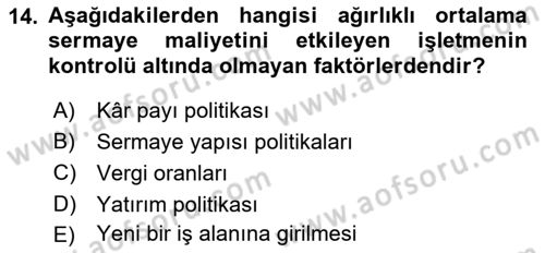 Finansal Yönetim Dersi 2021 - 2022 Yılı (Final) Dönem Sonu Sınav Soruları 14. Soru