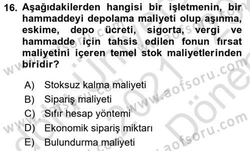 Finansal Yönetim Dersi 2021 - 2022 Yılı (Final) Dönem Sonu Sınav Soruları 16. Soru