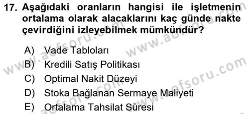 Finansal Yönetim Dersi 2021 - 2022 Yılı (Final) Dönem Sonu Sınav Soruları 17. Soru