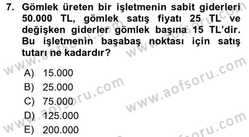 Finansal Yönetim Dersi 2021 - 2022 Yılı (Final) Dönem Sonu Sınav Soruları 7. Soru