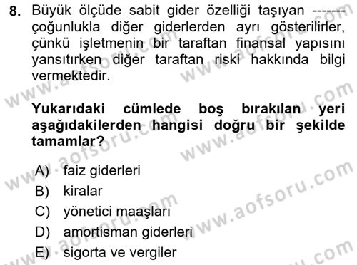 Finansal Yönetim Dersi 2021 - 2022 Yılı (Final) Dönem Sonu Sınav Soruları 8. Soru