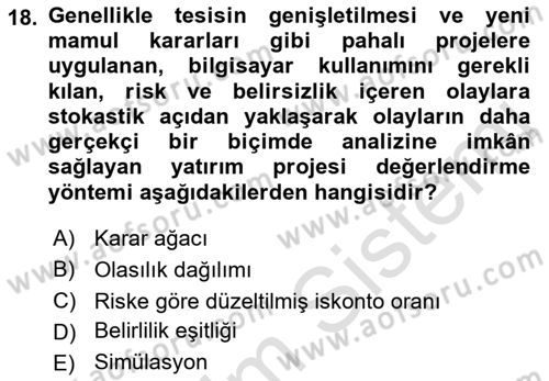 Finansal Yönetim Dersi 2021 - 2022 Yılı Yaz Okulu Sınav Soruları 18. Soru