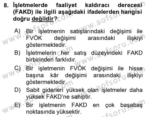 Finansal Yönetim Dersi 2021 - 2022 Yılı Yaz Okulu Sınav Soruları 8. Soru