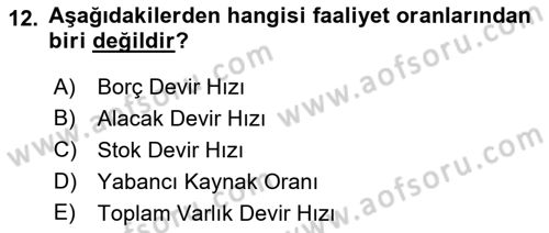 Finansal Yönetim Dersi Ara Sınavı Deneme Sınav Soruları 12. Soru