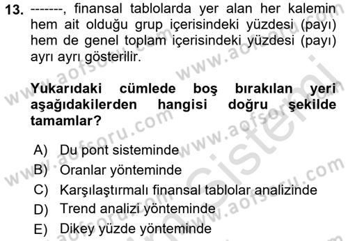 Finansal Yönetim Dersi 2022 - 2023 Yılı (Vize) Ara Sınav Soruları 13. Soru