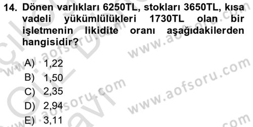 Finansal Yönetim Dersi 2022 - 2023 Yılı (Vize) Ara Sınav Soruları 14. Soru