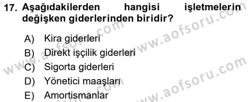 Finansal Yönetim Dersi Ara Sınavı Deneme Sınav Soruları 17. Soru
