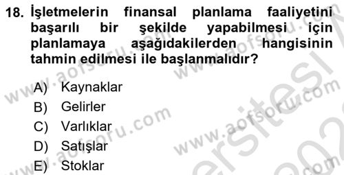 Finansal Yönetim Dersi 2022 - 2023 Yılı (Vize) Ara Sınav Soruları 18. Soru