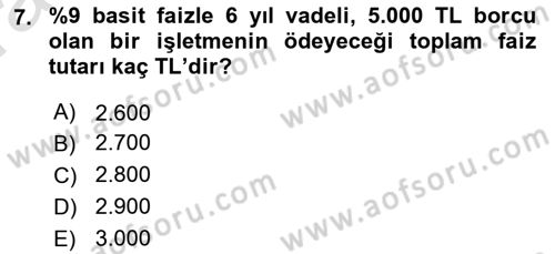 Finansal Yönetim Dersi 2022 - 2023 Yılı (Vize) Ara Sınav Soruları 7. Soru