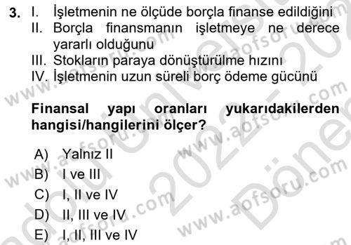 Finansal Yönetim Dersi 2022 - 2023 Yılı (Final) Dönem Sonu Sınav Soruları 3. Soru