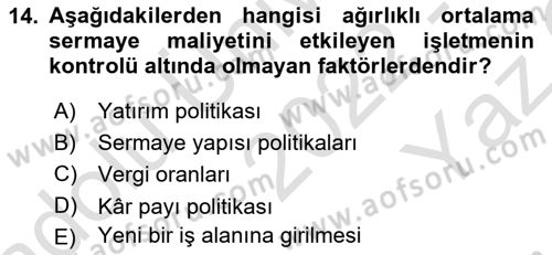 Finansal Yönetim Dersi 2022 - 2023 Yılı Yaz Okulu Sınav Soruları 14. Soru