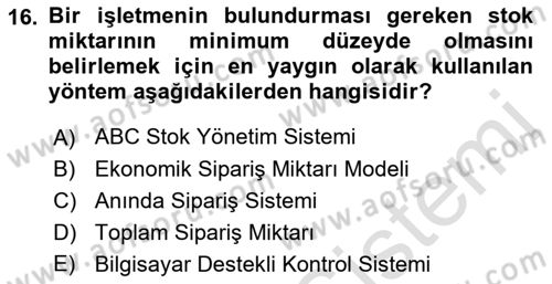 Finansal Yönetim Dersi 2022 - 2023 Yılı Yaz Okulu Sınav Soruları 16. Soru