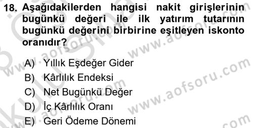 Finansal Yönetim Dersi 2022 - 2023 Yılı Yaz Okulu Sınav Soruları 18. Soru