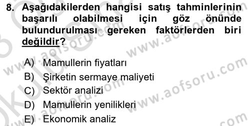 Finansal Yönetim Dersi 2022 - 2023 Yılı Yaz Okulu Sınav Soruları 8. Soru