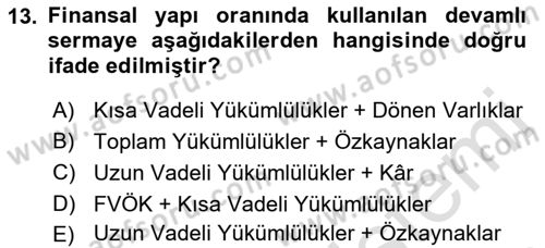 Finansal Yönetim Dersi 2023 - 2024 Yılı (Vize) Ara Sınav Soruları 13. Soru