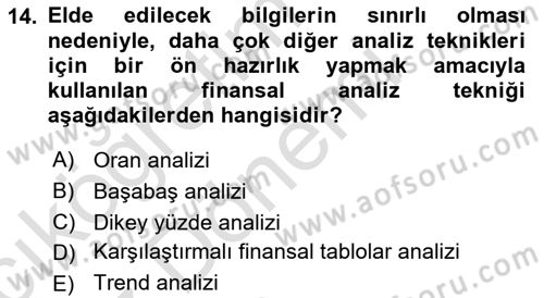 Finansal Yönetim Dersi 2023 - 2024 Yılı (Vize) Ara Sınav Soruları 14. Soru