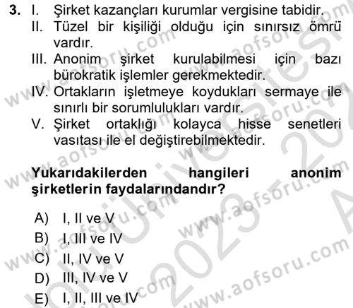 Finansal Yönetim Dersi 2023 - 2024 Yılı (Vize) Ara Sınav Soruları 3. Soru