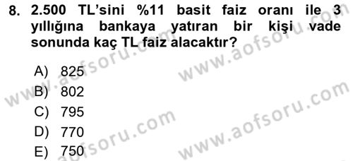 Finansal Yönetim Dersi 2023 - 2024 Yılı (Vize) Ara Sınav Soruları 8. Soru