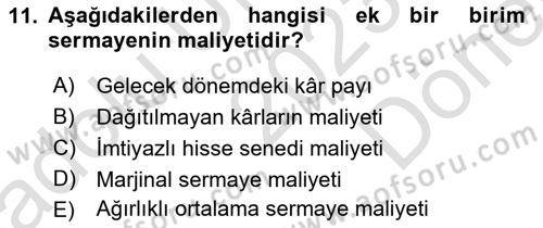 Finansal Yönetim Dersi 2023 - 2024 Yılı (Final) Dönem Sonu Sınav Soruları 11. Soru